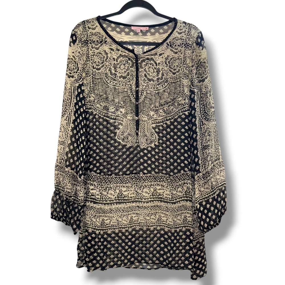 Calypso St Barth Womens Silk Paisley Beaded Tunic Top Black Cream Size M